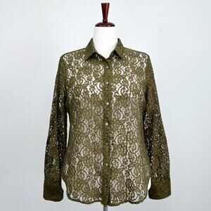 J. Crew Sheer Floral Lace Moss Green Classic Button-Up Long Sleeve Shirt NWT